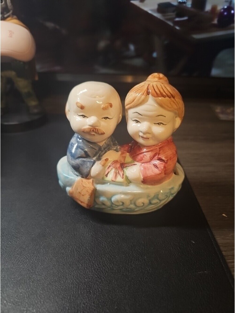 Japanese Coin Ceramic Bank Old Couple Man Woman Blue Green